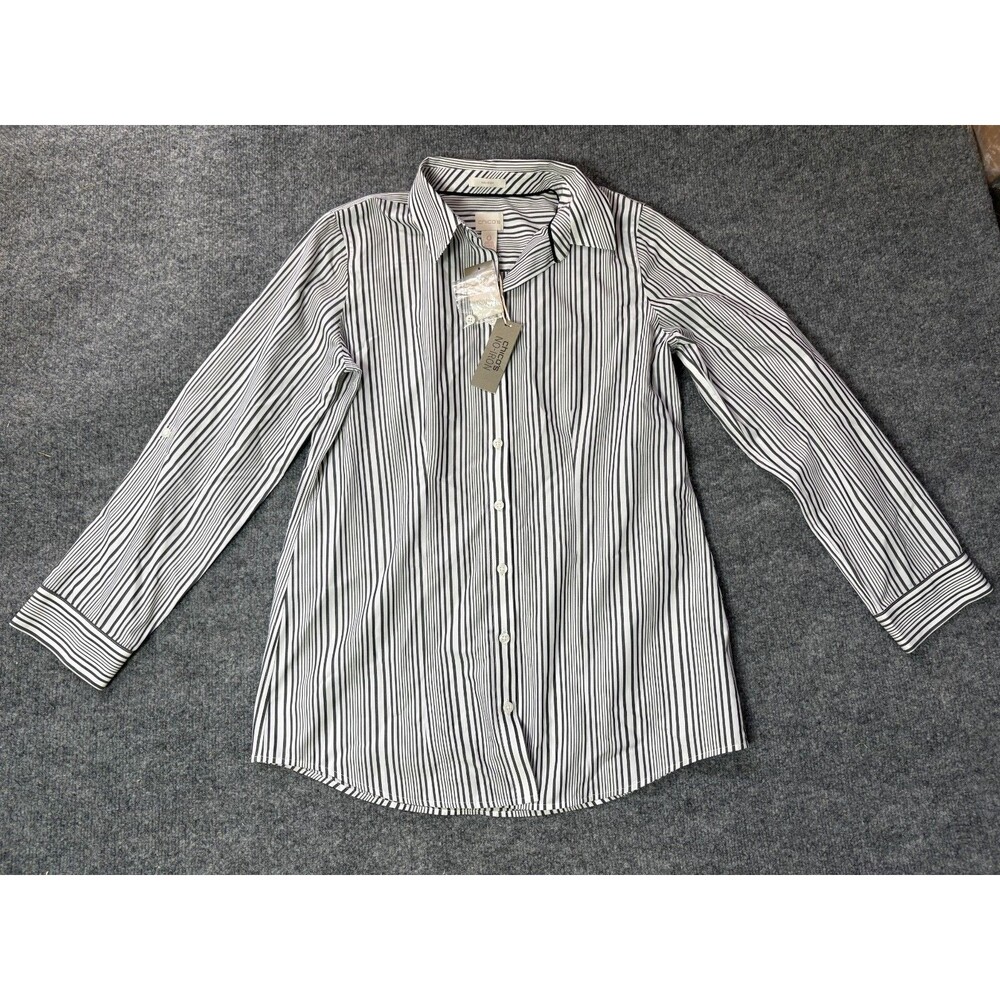 Chicos Top Womens Chico Size 0 Button Up 3/4 Sleeve Striped White Black No Iron